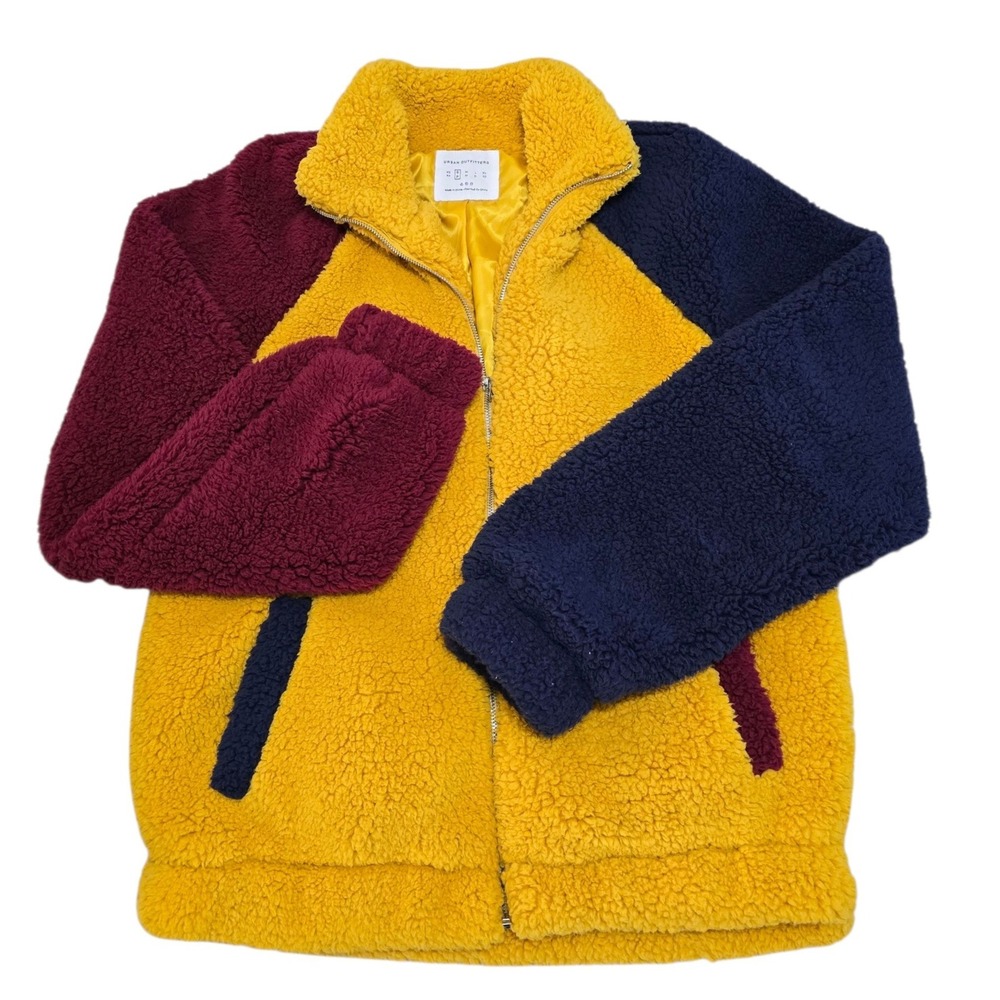 URBAN OUTFITTERS Colorblock Teddy Fleece Zip Up Jacket Yellow Burgundy Navy Sz S